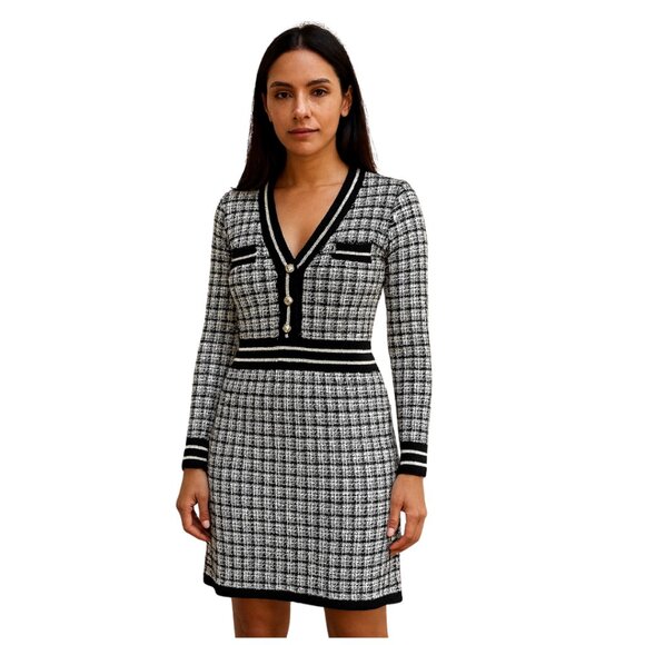 Avantlook Dresses & Skirts - Tweed-like Knit Mini Dress | Stretchy Blue Black White, Button Detail, Medium